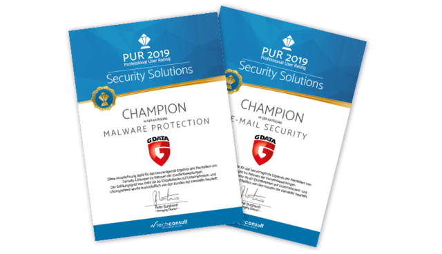 G DATA wurde in den Bereichen „Malware Protection“ und „E-Mail Security“ beim techconsult Professional User Rating 2019 an die Spitze gewählt. Auszeichnung techconsult Professional User Rating 2019 „Malware Protection“ und „E-Mail Security“