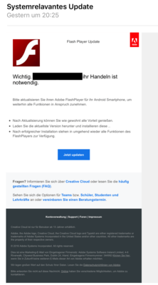 Screenshot einer betrügerische E-Mail im Adobe Design
