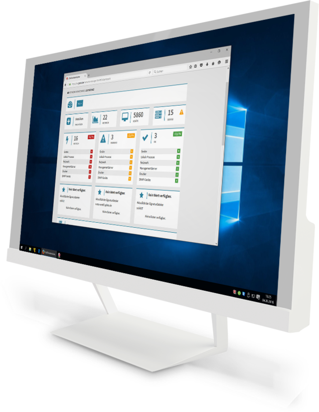 G DATA ActionCenter – legen Sie einzelne Metriken an, die zum Monitoring von Hardware, Software oder bestimmten Services dienen. Das G DATA ActionCenter als Screenshot auf einem Monitor