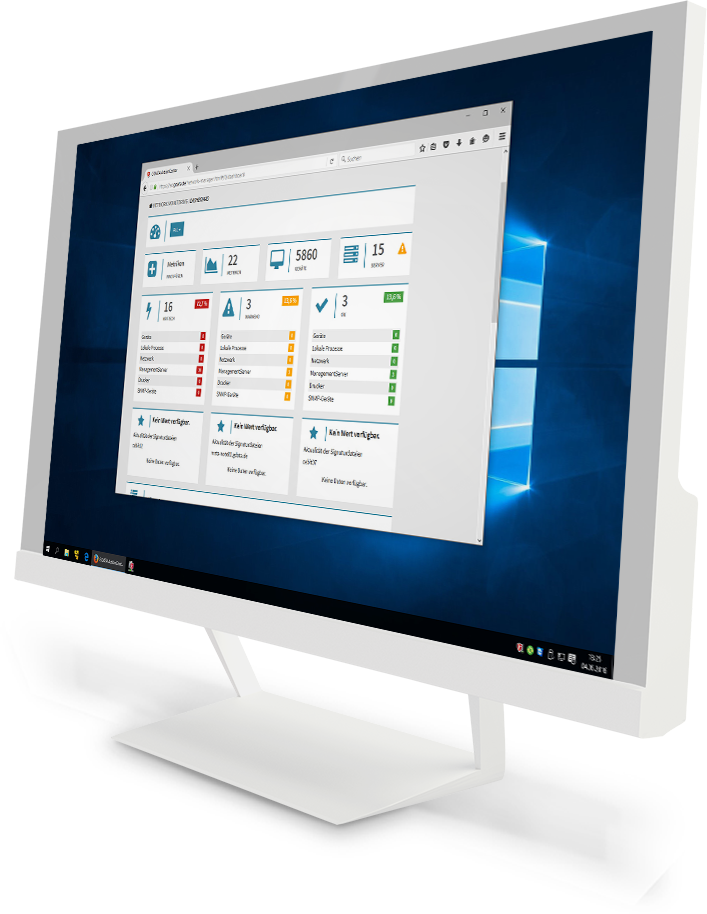 G DATA ActionCenter – legen Sie einzelne Metriken an, die zum Monitoring von Hardware, Software oder bestimmten Services dienen. Das G DATA ActionCenter als Screenshot auf einem Monitor