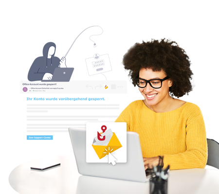 Frau vor Laptop und Illustration eines Phishing-Angriffs