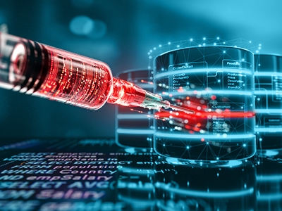 Beispiel SQL-Injection: Der Angreifer fügt bösartige SQL-Befehle in Eingabefelder ein, um die Datenbank zu manipulieren oder auszulesen. Eine Spritze als Symbol injiziert bösartigen Code.