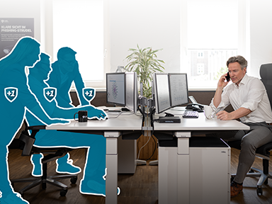 Ein guter SOC Service ist 24/7 mit deutschen Ansprechpartnern für Sie da. Kunde telefoniert mit seinen Ansprechpartnern des SOC Service.